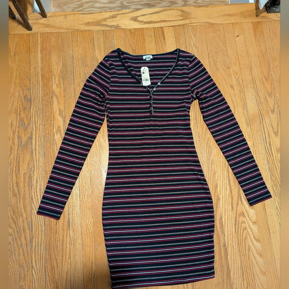 Nwt Garage Long Sleeve Striped Henley Bodycon Mini Dress Size S